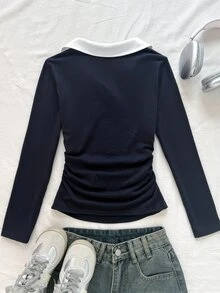 SHEIN 青少年女孩秋冬休閒復古學院風拼色POLO領字母印花抓皺腰長袖修身T恤，適合返校與日常穿著 - 藏蓝色 - 查看 2