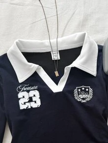 SHEIN 青少年女孩秋冬休閒復古學院風拼色POLO領字母印花抓皺腰長袖修身T恤，適合返校與日常穿著 - 藏蓝色 - 查看 3