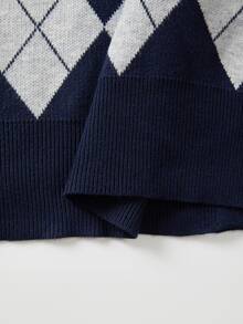 SHEIN Jaket Cardigan Rajut Argyle Vintage Musim Semi/Gugur Terbaru untuk Wanita, Kerah Peter Pan, Gaya Preppy, Kancing Depan, Jaket Lapisan - Dusty Blue - View 7