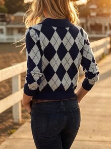 SHEIN Jaket Cardigan Rajut Argyle Vintage Musim Semi/Gugur Terbaru untuk Wanita, Kerah Peter Pan, Gaya Preppy, Kancing Depan, Jaket Lapisan - Dusty Blue - View 3