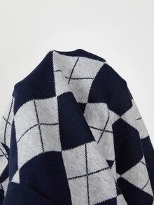 SHEIN Jaket Cardigan Rajut Argyle Vintage Musim Semi/Gugur Terbaru untuk Wanita, Kerah Peter Pan, Gaya Preppy, Kancing Depan, Jaket Lapisan - Dusty Blue - View 6