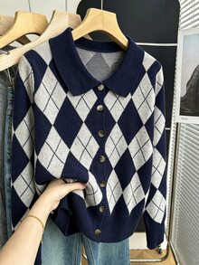 SHEIN Jaket Cardigan Rajut Argyle Vintage Musim Semi/Gugur Terbaru untuk Wanita, Kerah Peter Pan, Gaya Preppy, Kancing Depan, Jaket Lapisan - Dusty Blue - View 8