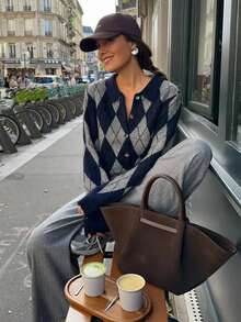 SHEIN Jaket Cardigan Rajut Argyle Vintage Musim Semi/Gugur Terbaru untuk Wanita, Kerah Peter Pan, Gaya Preppy, Kancing Depan, Jaket Lapisan - Dusty Blue - View 4