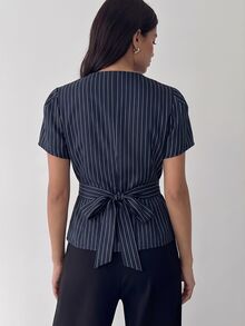 Firerie Women's Striped Metal Single-Breasted Petal Short Sleeve Blazer,Streetwear,Teacher,Smart Casual - Navy Blue - View 6