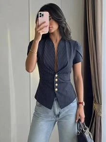 Firerie Women's Striped Metal Single-Breasted Petal Short Sleeve Blazer,Streetwear,Teacher,Smart Casual - Navy Blue - View 1
