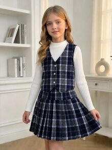 SHEIN Girls Big Kids 3 Pieces Set: Sleeveless Button-Up Vest, High Neck Wide Ribbed Long Sleeve T-Shirt, Black Pleated Skirt With Belt - White - View 3