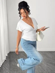 Elenzga Plus Size Women's Solid Color Batwing Short Sleeve Fashion V-Neck T-Shirt - White - View 5