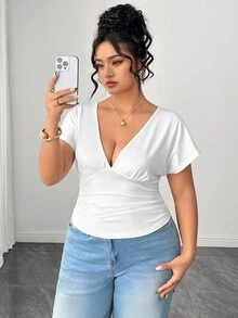Elenzga Plus Size Women's Solid Color Batwing Short Sleeve Fashion V-Neck T-Shirt - White - View 7