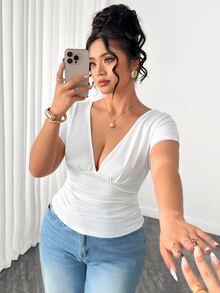 Elenzga Plus Size Women's Solid Color Batwing Short Sleeve Fashion V-Neck T-Shirt - White - View 6