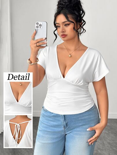 Elenzga Plus Size Women's Solid Color Batwing Short Sleeve Fashion V-Neck T-Shirt