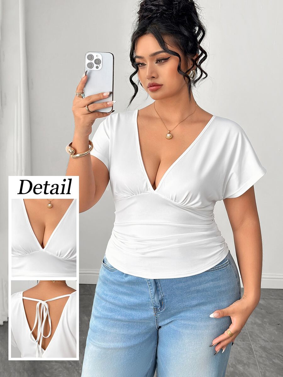 Elenzga Plus Size Women's Solid Color Batwing Short Sleeve Fashion V-Neck T-Shirt - White - View 1