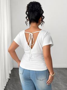 Elenzga Plus Size Women's Solid Color Batwing Short Sleeve Fashion V-Neck T-Shirt - White - View 2