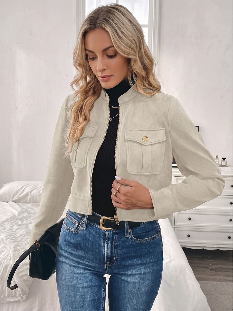 Louniche Women's Autumn/Winter Oversized Pocket Metal Button Short Military Green Jacket Fall Cloth For Women - Apricot - View 1