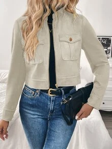Louniche Women's Autumn/Winter Oversized Pocket Metal Button Short Military Green Jacket Fall Cloth For Women - Apricot - View 4