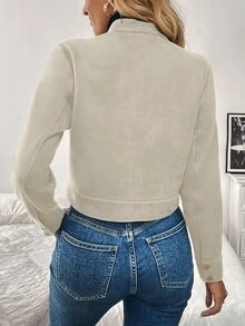 Louniche Women's Autumn/Winter Oversized Pocket Metal Button Short Military Green Jacket Fall Cloth For Women - Apricot - View 2