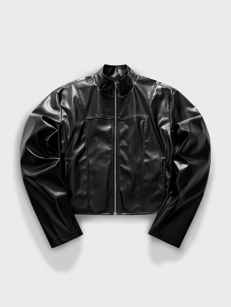 FeverCity Men's Fashion Zipper Long Sleeve PU Material Jacket - Black - View 7