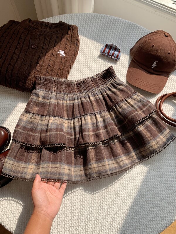 Comfortcana Women's Elastic Waist Plaid Ruffle Hem Skirt
