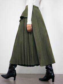 Maija Army Green Women's Skirt With Ruffle Hem And Asymmetrical Pleated Design, Voluminous Hemline, Urban Holiday Party Office Work Casual - Army Green - View 3