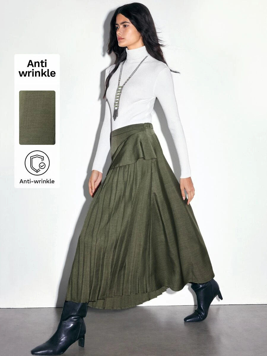 Maija Army Green Women's Skirt With Ruffle Hem And Asymmetrical Pleated Design, Voluminous Hemline, Urban Holiday Party Office Work Casual - Army Green - View 1