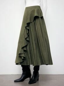 Maija Army Green Women's Skirt With Ruffle Hem And Asymmetrical Pleated Design, Voluminous Hemline, Urban Holiday Party Office Work Casual - Army Green - View 5