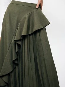 Maija Army Green Women's Skirt With Ruffle Hem And Asymmetrical Pleated Design, Voluminous Hemline, Urban Holiday Party Office Work Casual - Army Green - View 6