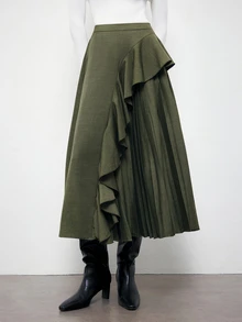 Maija Army Green Women's Skirt With Ruffle Hem And Asymmetrical Pleated Design, Voluminous Hemline, Urban Holiday Party Office Work Casual - Army Green - View 4
