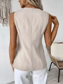 Calvaya Women's Casual Vacation Linen Fabric Tie Front Curved Hem Sleeveless Blouse, Spring/Summer - Beige - View 2