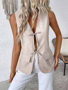 Calvaya Women's Casual Vacation Linen Fabric Tie Front Curved Hem Sleeveless Blouse, Spring/Summer - Beige - View 5