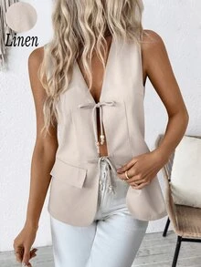 Calvaya Women's Casual Vacation Linen Fabric Tie Front Curved Hem Sleeveless Blouse, Spring/Summer - Beige - View 3