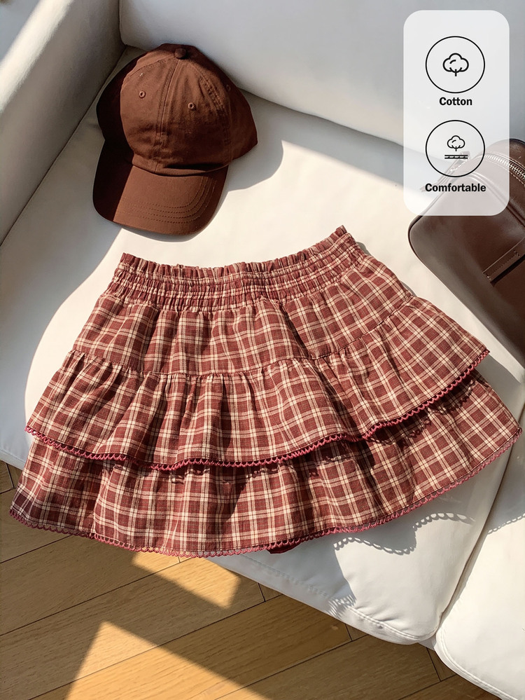 Comfortcana Women's Korean Style Plaid Ruffle Hem Mini Skirt - Red - View 1