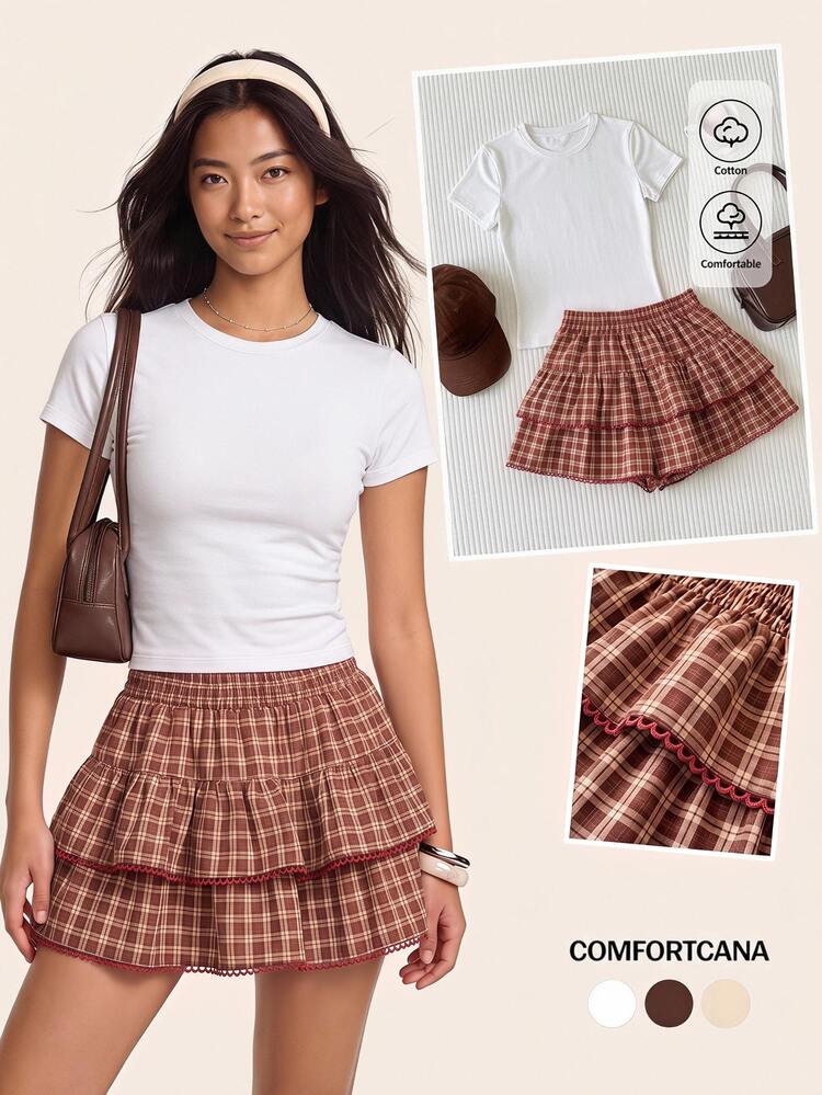 Comfortcana Women's Korean Style Plaid Ruffle Hem Mini Skirt - Red - View 3