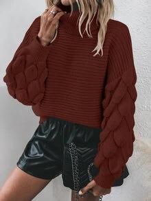 Calvaya Women's Solid Color High Neck Drop Shoulder Long Sleeve Casual Pullover Sweater, Autumn/Winter Knit Pullover Fall Sweater - Brown - View 5