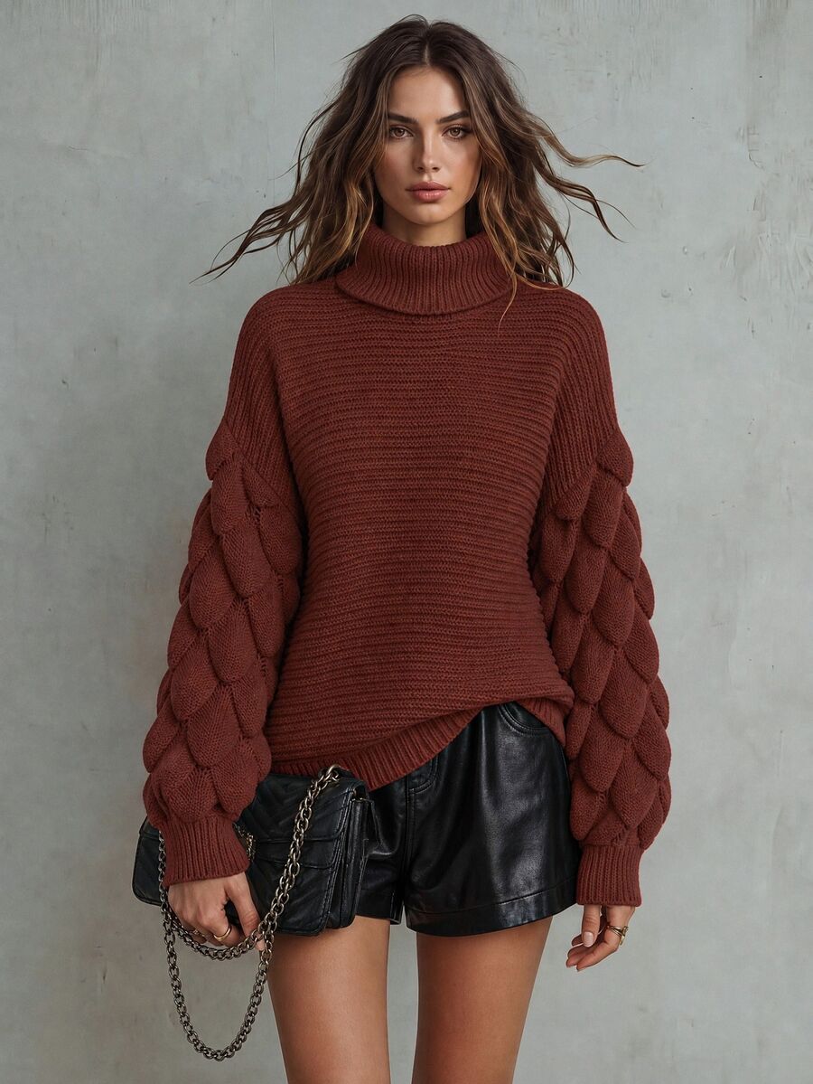 Calvaya Women's Solid Color High Neck Drop Shoulder Long Sleeve Casual Pullover Sweater, Autumn/Winter Knit Pullover Fall Sweater - Brown - View 1