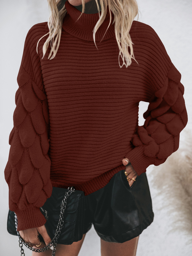 Calvaya Women's Solid Color High Neck Drop Shoulder Long Sleeve Casual Pullover Sweater, Autumn/Winter Knit Pullover Fall Sweater - Brown - View 4