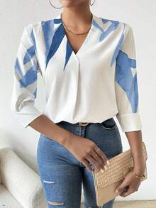 SHEIN Women V-Neck Printed Simple Daily Work Matching Spring/Summer Short-Sleeved Shirt,Three Quarter Sleeve Tops - Blue - View 5