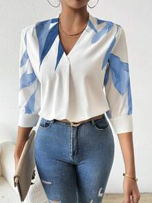 SHEIN Women V-Neck Printed Simple Daily Work Matching Spring/Summer Short-Sleeved Shirt,Three Quarter Sleeve Tops - Blue - View 7