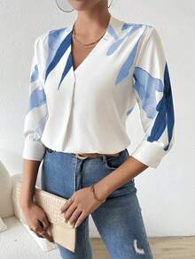 SHEIN Women V-Neck Printed Simple Daily Work Matching Spring/Summer Short-Sleeved Shirt,Three Quarter Sleeve Tops - Blue - View 6