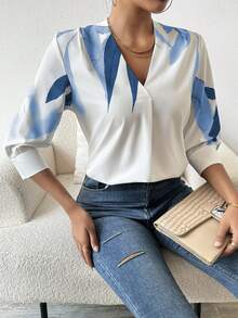 SHEIN Women V-Neck Printed Simple Daily Work Matching Spring/Summer Short-Sleeved Shirt,Three Quarter Sleeve Tops - Blue - View 3