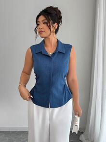 SHEIN LUNE CURVE 大尺碼女款夏季1件式翻領無袖收腰不對稱下擺修身通勤時尚牛仔風無袖上衣 - 藍色 - 查看 3