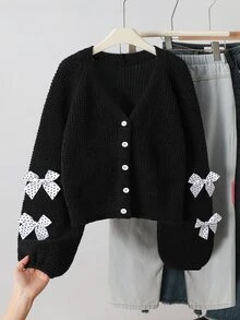 SHEIN 青少年女孩蝴蝶結裝飾休閒百搭日常外出開襟衫 - 黑色 - 查看 8
