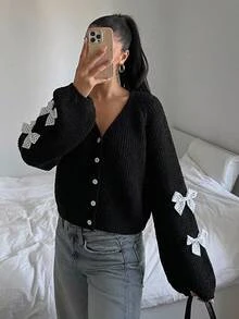 SHEIN 青少年女孩蝴蝶結裝飾休閒百搭日常外出開襟衫 - 黑色 - 查看 1