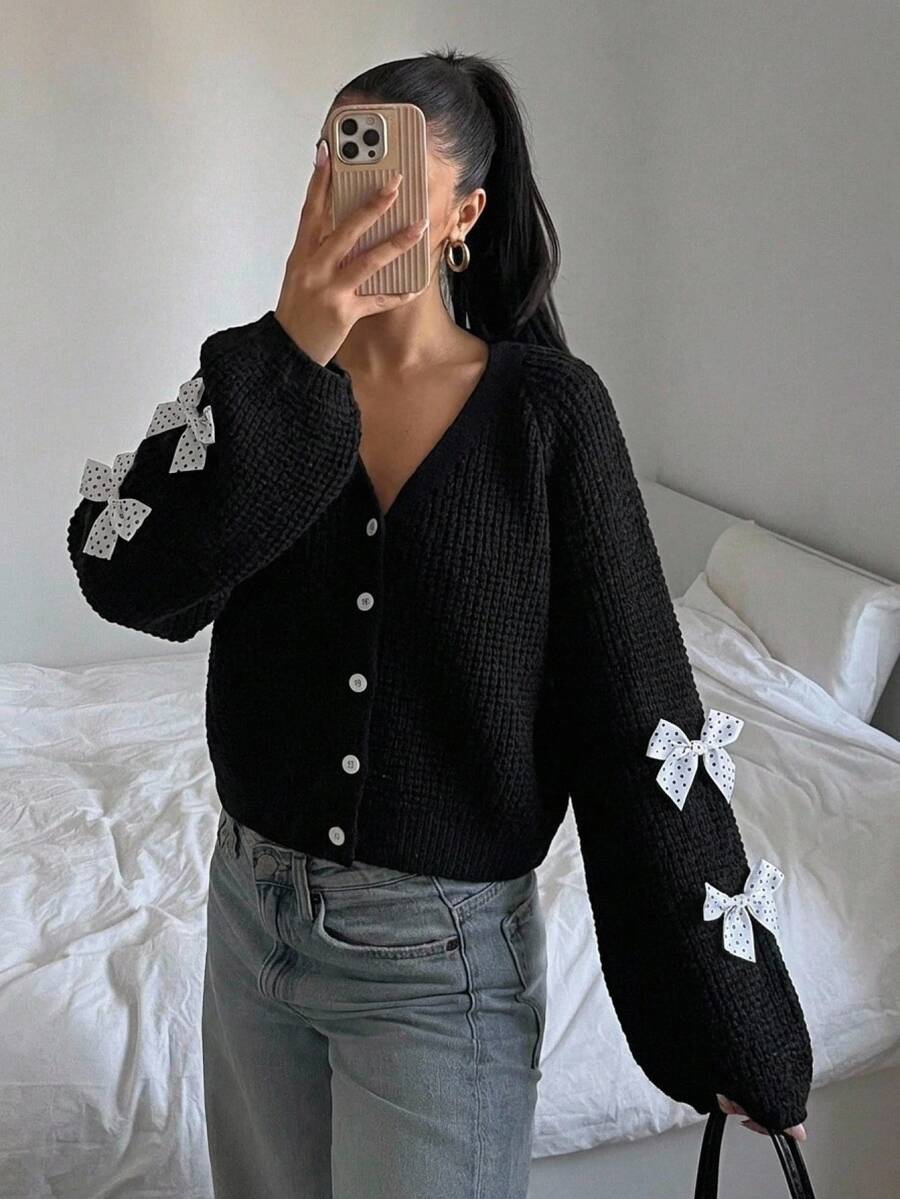 SHEIN 青少年女孩蝴蝶結裝飾休閒百搭日常外出開襟衫 - 黑色 - 查看 1