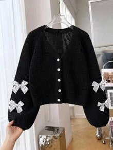 SHEIN 青少年女孩蝴蝶結裝飾休閒百搭日常外出開襟衫 - 黑色 - 查看 9