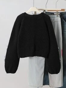 SHEIN 青少年女孩蝴蝶結裝飾休閒百搭日常外出開襟衫 - 黑色 - 查看 2