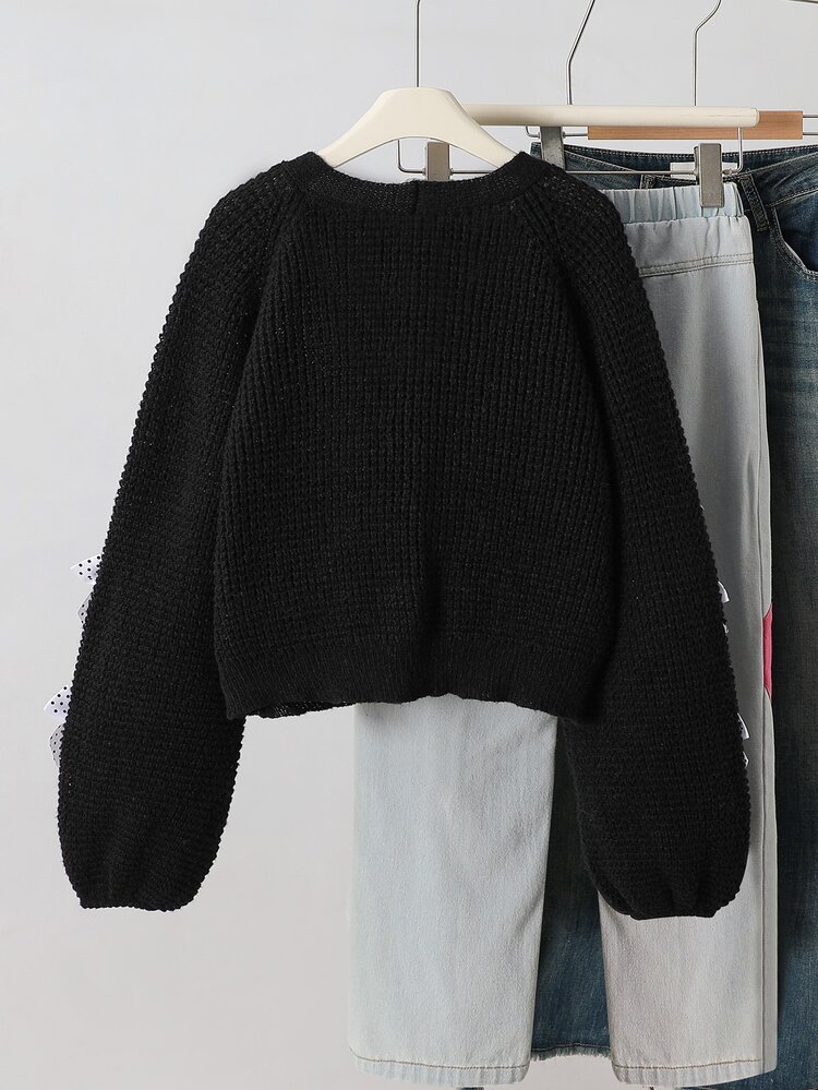 SHEIN Teen Girl Black&White Polka Dot Bow Knit Casual V Neck Long Sleeve Cardigan Prom Party Black Autumn Winter Y2k Cute Teen Daily Outings Vacation - Black - View 2