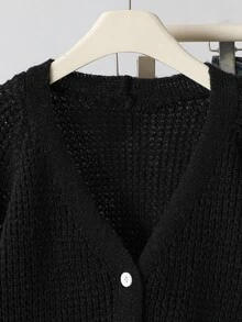 SHEIN 青少年女孩蝴蝶結裝飾休閒百搭日常外出開襟衫 - 黑色 - 查看 4