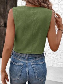 SHEIN LUNE OL時尚純色細肩帶背心上衣 鼠尾草綠 女款夏季V領休閒上衣 橄欖綠上衣 - 軍綠色 - 查看 2