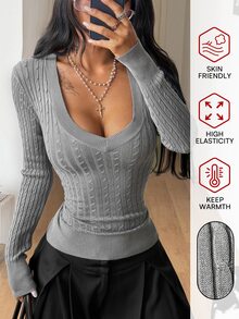 Coolane Women's Casual Versatile Solid Color Slim Fit Sweater - Grey - View 6