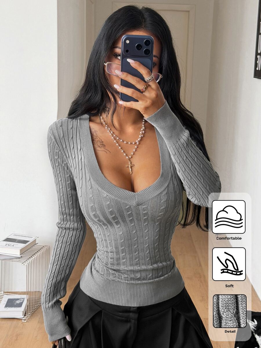 Coolane Women's Casual Versatile Solid Color Slim Fit Sweater - Grey - View 1