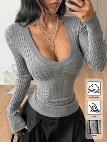 Coolane Women's Casual Versatile Solid Color Slim Fit Sweater - Grey - View 3